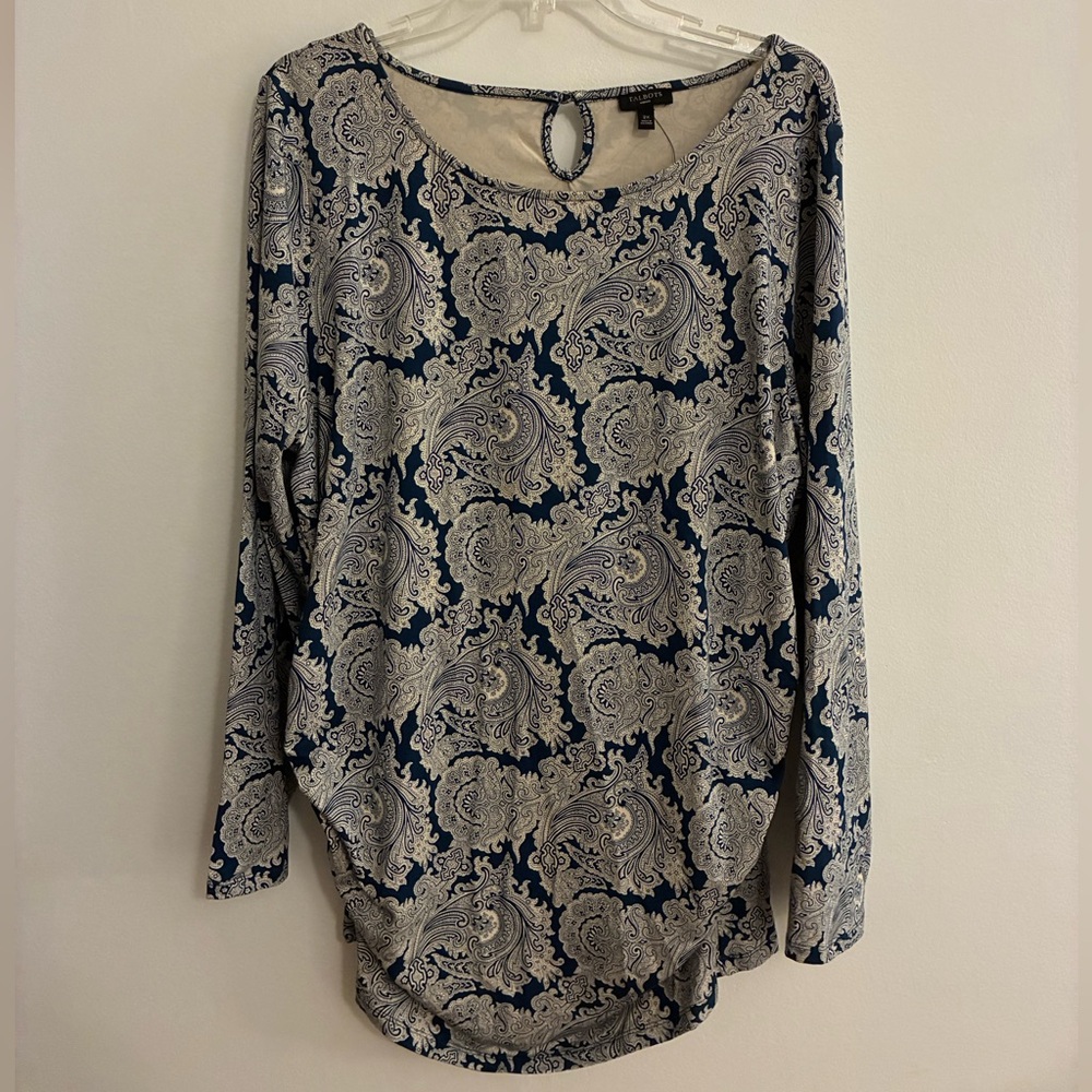 Talbots Paisley Long Sleeve Scoop Neck Blouse with Ruched Sides